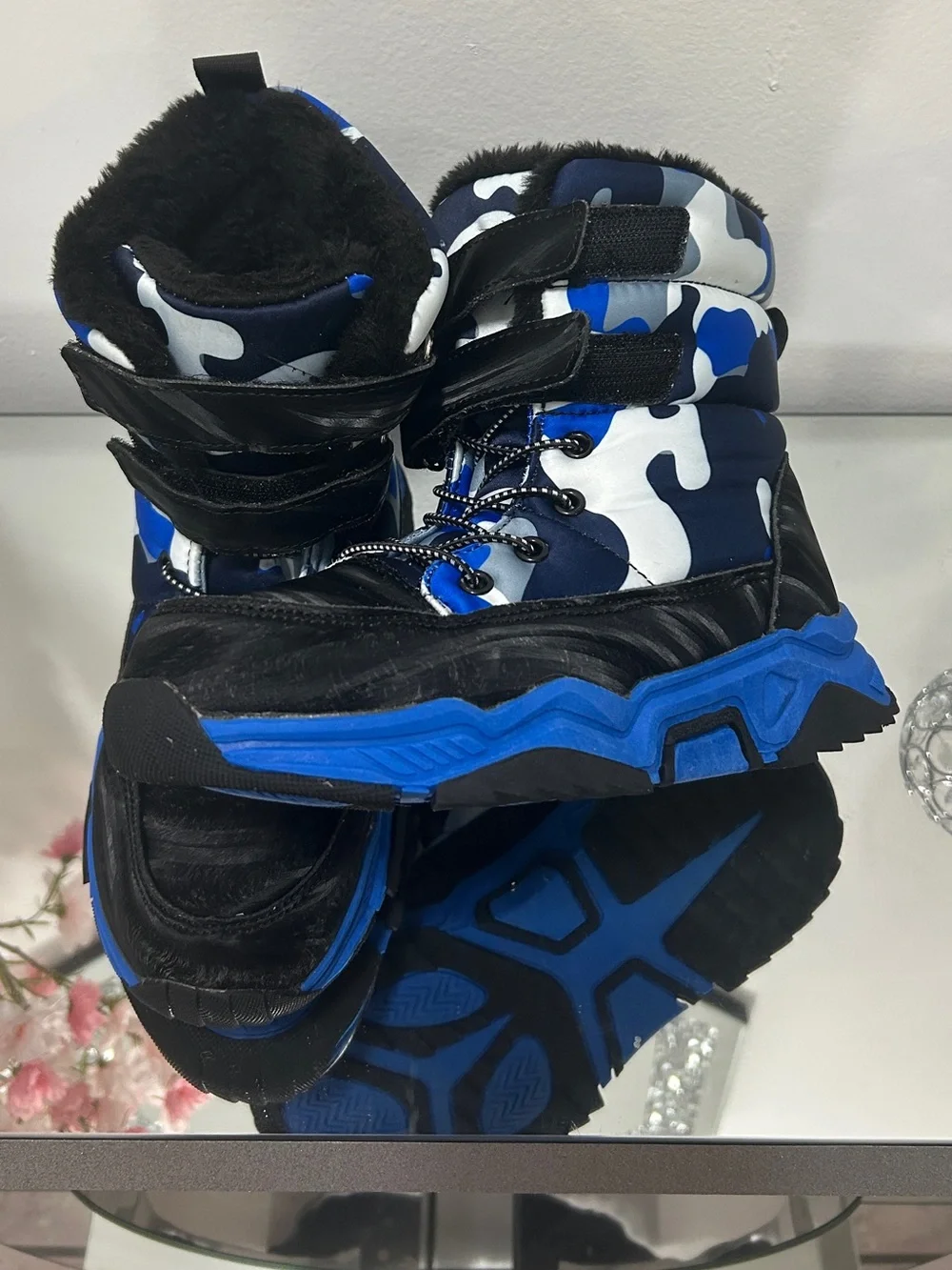 Kids Snow Boots EU 35 Blue Camo Faux Fur Winter Boots Like New